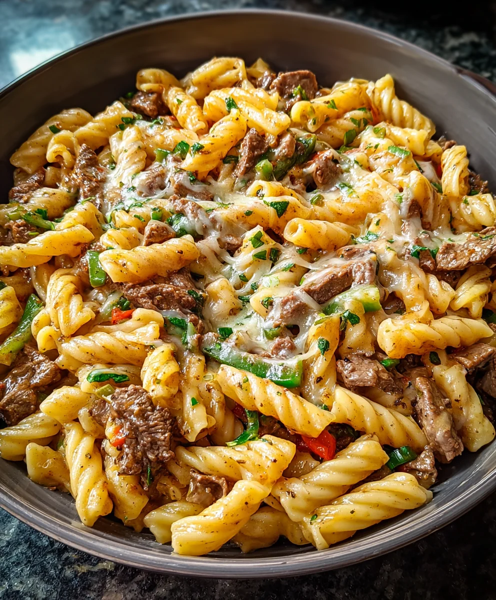 Philly Cheesesteak Pasta- Easy Beef & Cheesy Dinner