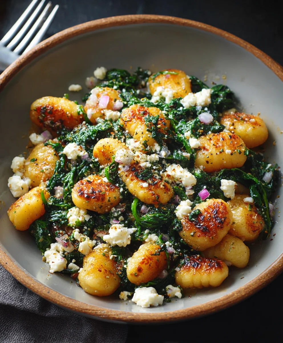 Crispy Gnocchi with Spinach Feta - Easy Quick Dinner