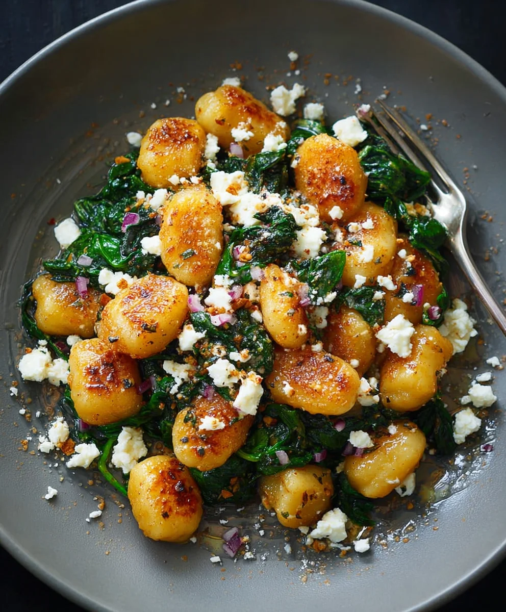 Crispy Gnocchi with Spinach Feta - Easy Quick Dinner