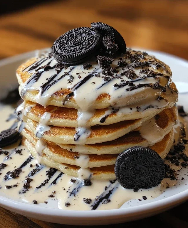 Oreo Pancakes with Cream Cheese Drizzle
