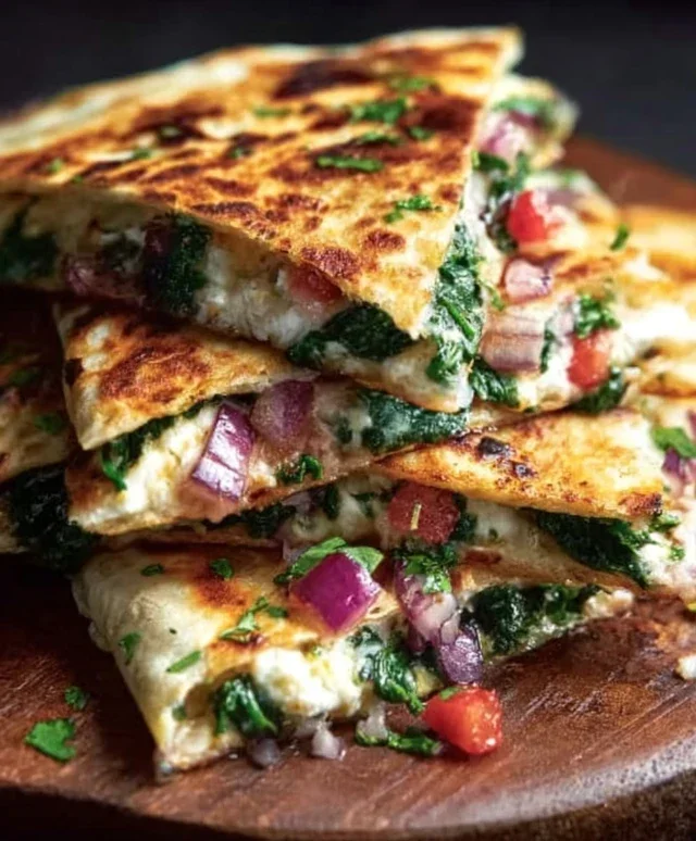 Mediterranean Quesadillas with Spinach, Feta, Mozzarella, and Red Onion