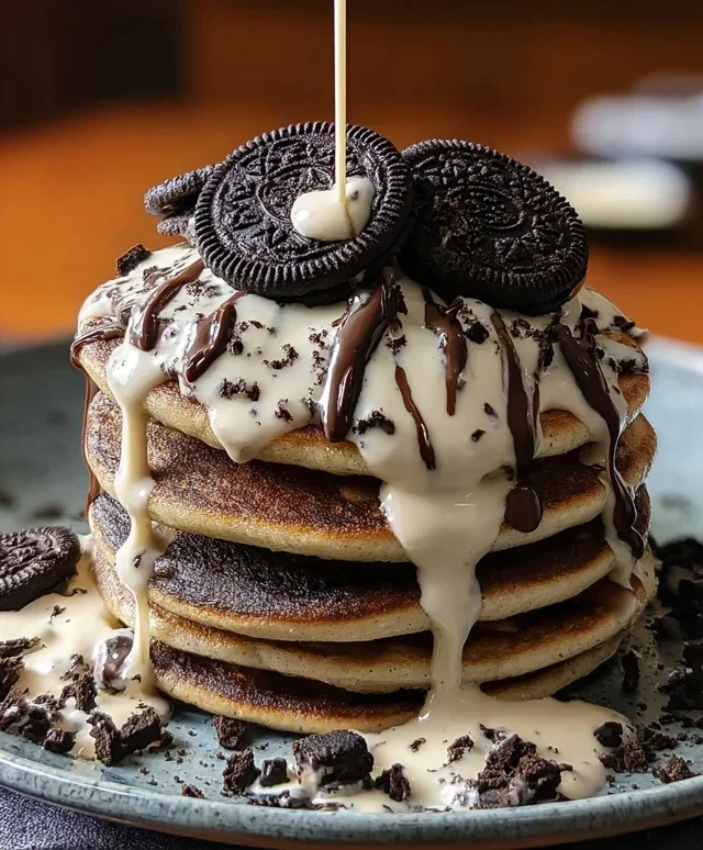 Oreo Pancakes with Cream Cheese Drizzle