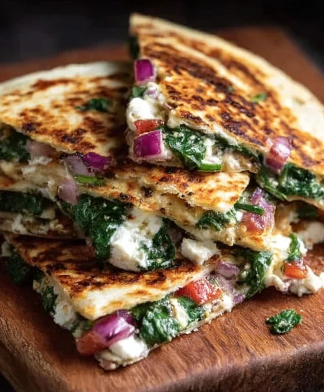 Mediterranean Quesadillas with Spinach, Feta, Mozzarella, and Red Onion