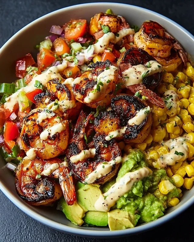 Grilled Shrimp Bowl With Avocado Corn Salsa Creamy Garlic Sauce