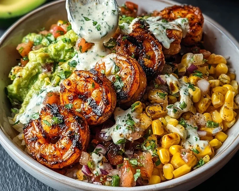 Grilled Shrimp Bowl With Avocado Corn Salsa Creamy Garlic Sauce