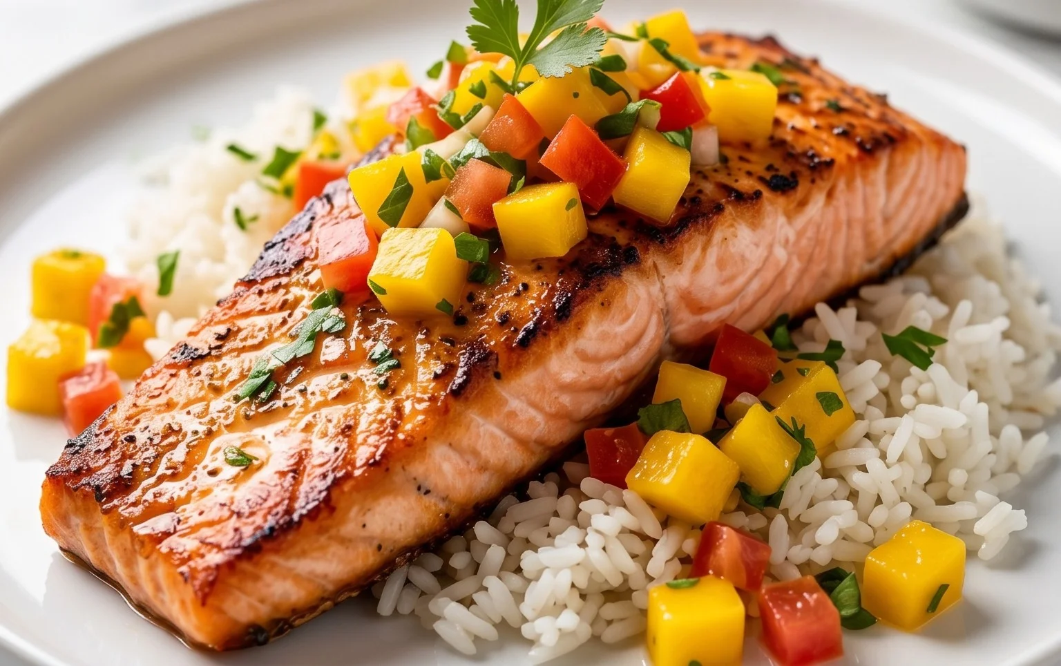 Grilled Salmon with Mango Salsa and Coconut Rice