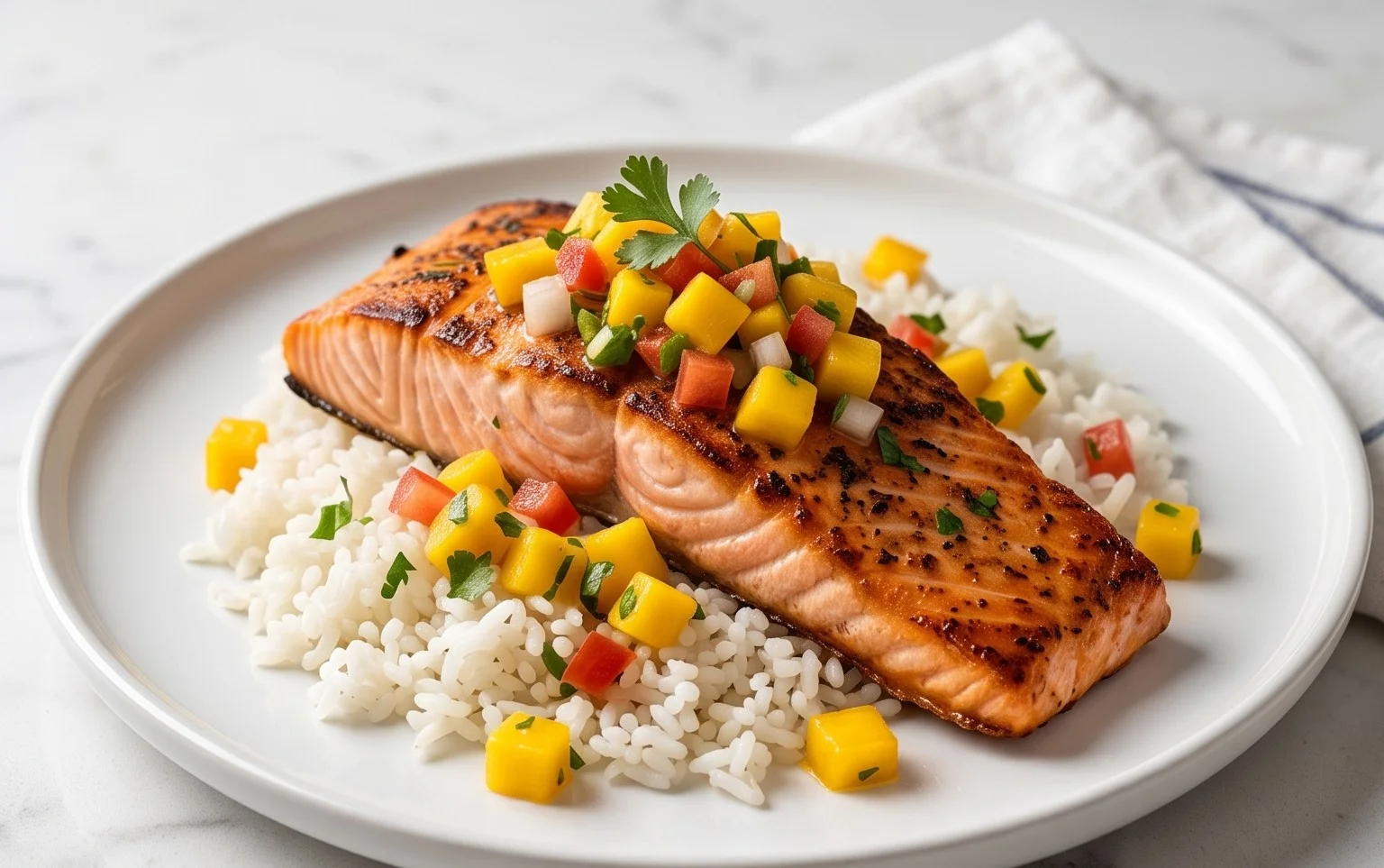 Grilled Salmon with Mango Salsa and Coconut Rice