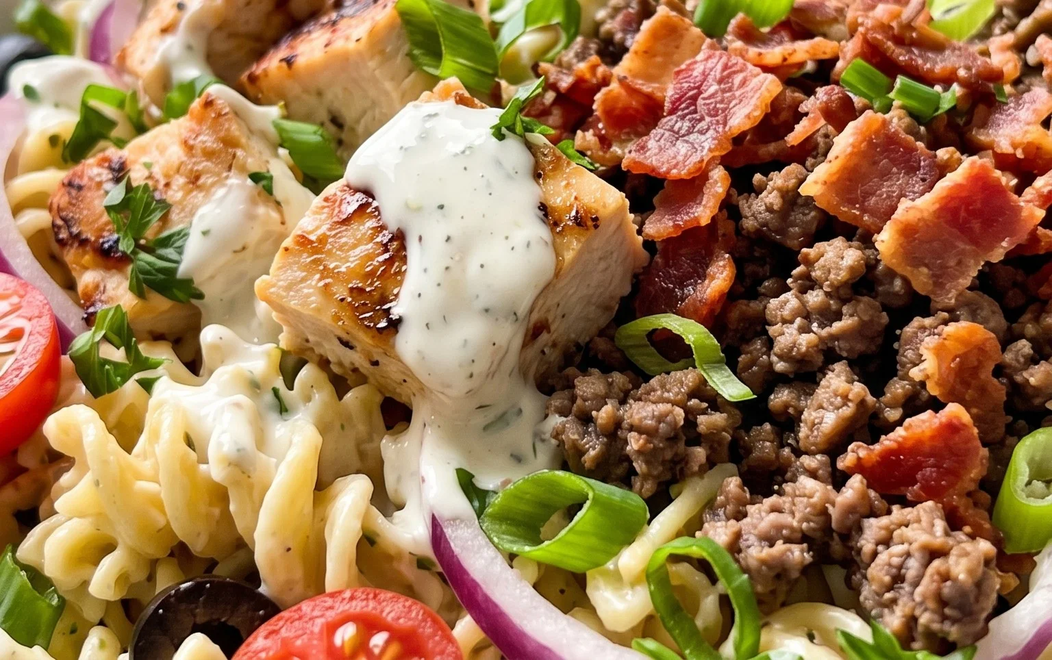 Chicken Beef Bacon Ranch Pasta Salad