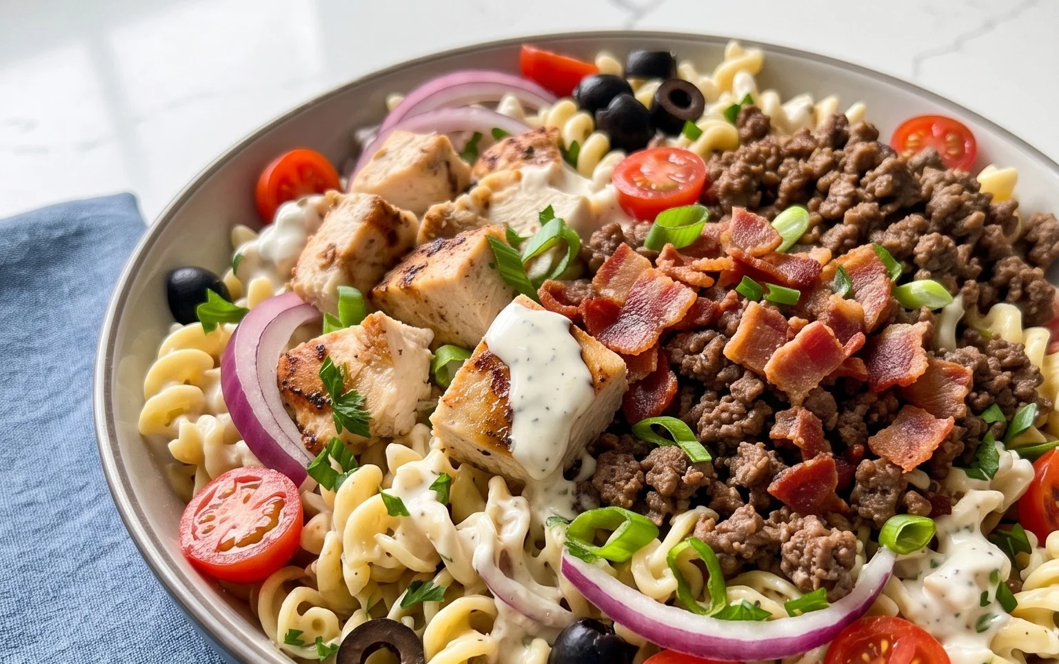 Chicken Beef Bacon Ranch Pasta Salad